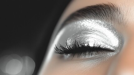 Wall Mural - photorealistic minimalistic close-up of shimmering silver eyeshadow, framed by dark lashes