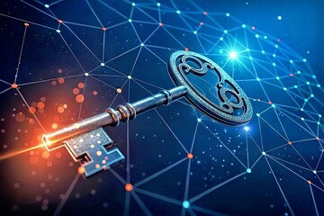 Poster - Key to the Network: A gleaming silver key, symbolizing access and opportunity, rests prominently against a complex network of interconnected lines and glowing nodes.
