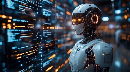 Poster - Futuristic scene of AI chatbots working and chatting inside a computer interface with floating dialogue bubbles and sleek digital backgrounds leaving space for text or messaging