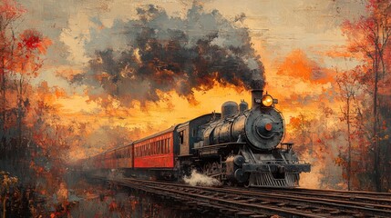 Canvas Print - Autumn sunset, steam train, speeding through trees.