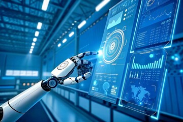 Aufkleber - robotic hand interacting with holographic interface: a futuristic image showing a robotic hand inter