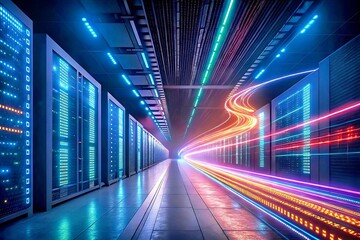 Poster - Data Stream in Server Room: Abstract digital streams of vibrant light streak through a futuristic server room, showcasing high-speed data transfer and the power of modern technology.