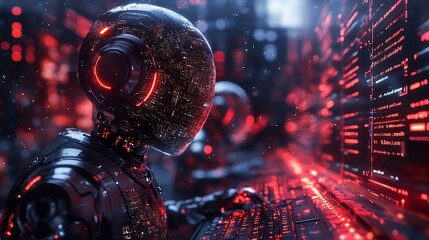 Fototapete - Group of AI chatbots communicating in a vibrant digital space each bot typing on virtual keyboards surrounded by data streams with a large empty space for text at the top