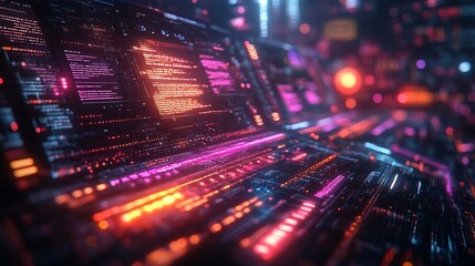 Fototapete - Group of AI chatbots communicating in a vibrant digital space each bot typing on virtual keyboards surrounded by data streams with a large empty space for text at the top