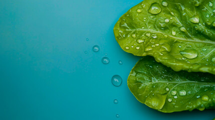 fresh lettuce leaf with water droplet on blue background.