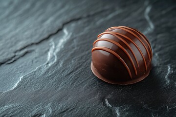 Poster - A single, dark chocolate truffle rests on a dark slate surface, showcasing its rich, glossy texture and elegant design.