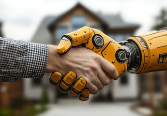 Poster - a human hand shakes with a robotic hand, symbolizing the intersection of technology and humanity in 