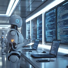 Fototapete - Hightech office setting where AI chatbots are interacting on computer screens exchanging messages in a seamless workflow with ample copy space for adding custom text