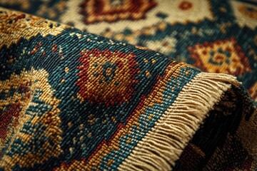 Poster - Close-up of a richly textured rug with intricate, vintage-inspired patterns in deep blues, golds, and reds.
