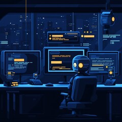Fototapete - Hightech office setting where AI chatbots are interacting on computer screens exchanging messages in a seamless workflow with ample copy space for adding custom text
