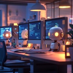 Fototapete - Hightech office setting where AI chatbots are interacting on computer screens exchanging messages in a seamless workflow with ample copy space for adding custom text
