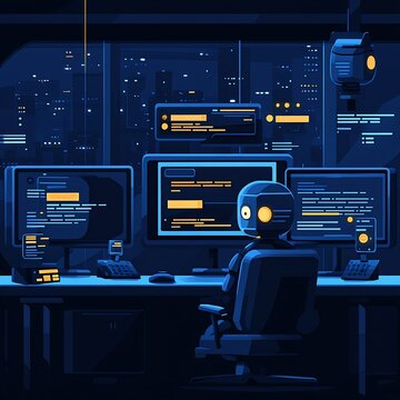 Hightech office setting where AI chatbots are interacting on computer screens exchanging messages in a seamless workflow with ample copy space for adding custom text