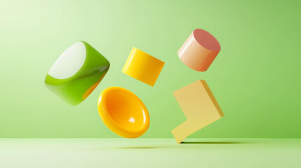 Poster - vibrant composition of abstract geometric shapes various colors, including green, yellow, pink, and orange, floating against soft green background. playful arrangement evokes sense of creativity