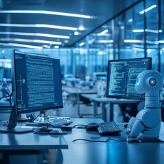 Fototapete - Hightech office setting where AI chatbots are interacting on computer screens exchanging messages in a seamless workflow with ample copy space for adding custom text