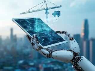 Poster - Futuristic Robot Hand Holding Digital Tablet in a Smart City Construction Environment with Cranes and Data Visualization Elements in the Background