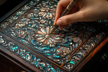 Aufkleber - Intricate mother-of-pearl inlay adorns a dark wooden box, a hand delicately applies finishing touches with a pen.