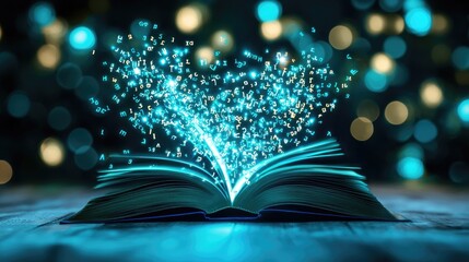 Poster - Illuminating storytelling open book with floating numbers creative space digital art enchanted atmosphere