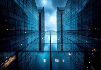 Poster - Modern Architecture and Glass Facade in Urban Landscape Captured from Below, Showcasing Reflections and Dramatic Sky, Ideal for Business and Design Themes