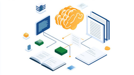 Poster - dynamic illustration of artificial intelligence showcasing brain, books, documents, and digital elements, symbolizing knowledge and data processing
