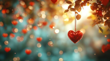 Wall Mural - Red heart ornament hanging from tree at sunset with bokeh background