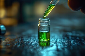 Aufkleber - A glass vial receives a drop of vibrant green liquid from a pipette, showcasing scientific precision.