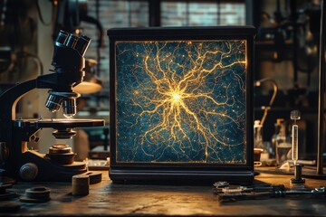 Poster - A vintage microscope and a display showcasing a neuron's intricate network, highlighting scientific research and neural connections.