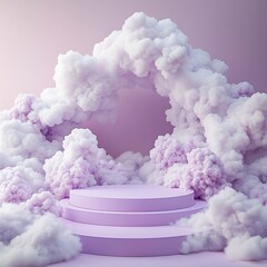 Poster - Lavender 3D podium surrounded by soft clouds creating a whimsical atmosphere in a minimalist studio The platform stands out as the perfect spot for elegant product presentations