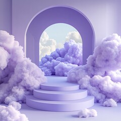Poster - Lavender 3D podium surrounded by soft clouds creating a whimsical atmosphere in a minimalist studio The platform stands out as the perfect spot for elegant product presentations