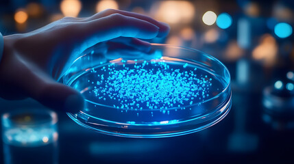 Poster - Scientist hand presenting a Petri dish with luminous blue cellular growth, sharp focus on the microorganisms with a lab-themed blurred backdrop