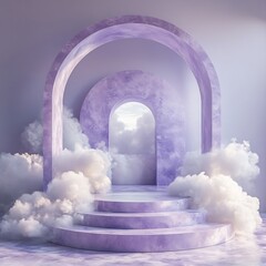 Poster - Lavender 3D podium surrounded by soft clouds creating a whimsical atmosphere in a minimalist studio The platform stands out as the perfect spot for elegant product presentations