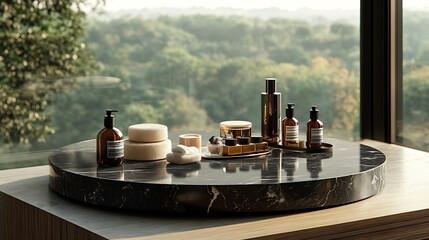Poster - Luxurious black marble tabletop set against a panoramic window view showcasing elegance for beauty products and gourmet food presentation with natural light illuminating the scene