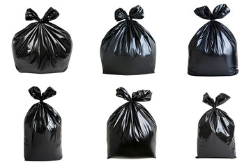 Six black garbage bags are neatly arranged in two rows against transparency background, showcasing different sizes and shapes. bags are tied at top, reflecting clean and organized appearance