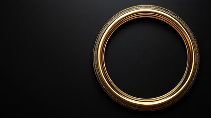 Poster - Luxurious gold ring frame elegantly set against a deep black background designed as a shiny 3D banner for prestigious awards showcasing a realistic metal circle border perfect for design