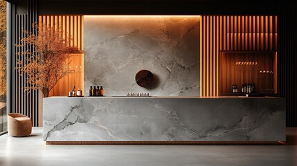 Poster - Luxurious gray kitchen marble tabletop set against elegant brown wall panels with wooden slats offering a clean minimalist surface for product presentation perfect for a highend bar or beauty ad