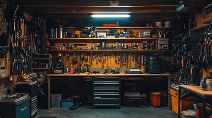 A tidy garage with a toolbox and shelves of labeled storage bins