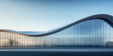 Poster - Contemporary Architecture of a Modern Building Featuring a Unique Curved Glass Facade at Sunrise, Highlighting the Beauty of Urban Design and Innovation