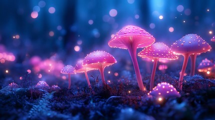 Fototapete - Magical scene of vibrant pink and purple glowing mushrooms scattered across a mystical forest floor illuminated by a dreamy blue bokeh background creating an ethereal otherworldly atmosphere