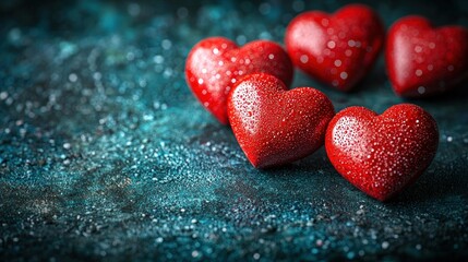 Red hearts with water drops on dark textured background