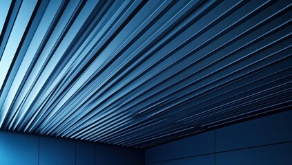Poster - Modern Architectural Ceiling Design with Striped Patterns in Cool Blue Tones, Showcasing Innovative Building Materials and Contemporary Aesthetic Appeal for Interior Spaces