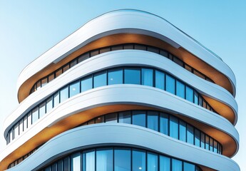 Aufkleber - Modern architectural design featuring a unique and curvy building facade with large windows and a sleek appearance against a clear sky backdrop
