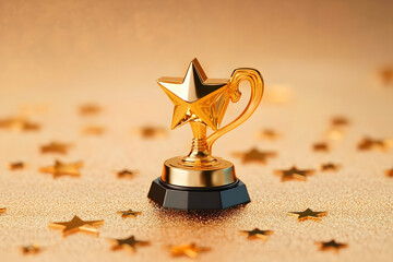 Gold five star rating trophy success award symbol on achievement 3d background of best customer feedback review winner prize or golden victory premium quality ranking rate and excellent satisfaction.