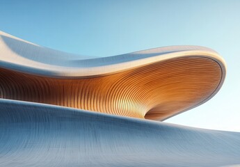 Poster - Modern architectural design featuring smooth curves and elegant lines highlighted by natural wood tones and soft lighting against a clear blue sky