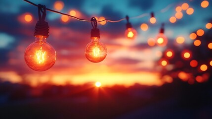 Aufkleber - Mesmerizing scene of blurred bokeh lights at sunset beautifully illuminated by warm yellow string lights creating a dreamy atmosphere perfect for evening gatherings and celebrations
