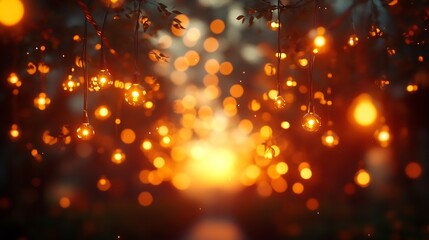 Poster - mesmerizing scene of blurred bokeh lights at sunset beautifully illuminated by warm yellow string li