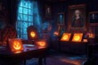 © Muhammad - A Halloween-themed study with dark wood furniture, glowing spell books, and eerie portraits