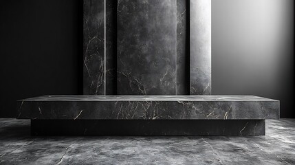 Poster - Minimalist 3D product table set in an empty studio against a sleek black wall featuring a concrete dark surface and a luxurious marble countertop mockup ideal for showcasing highend presentations