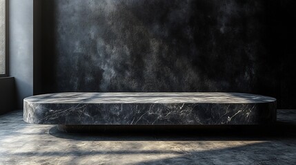 Poster - Minimalist 3D product table set in an empty studio against a sleek black wall featuring a concrete dark surface and a luxurious marble countertop mockup ideal for showcasing highend presentations