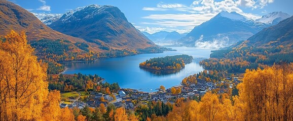 Canvas Print - Panoramic view of autumnal village nestled in a valley beside a serene lake and majestic mountains.