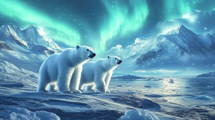 an arctic landscape with icy peaks, a glowing aurora borealis, and playful polar bears.