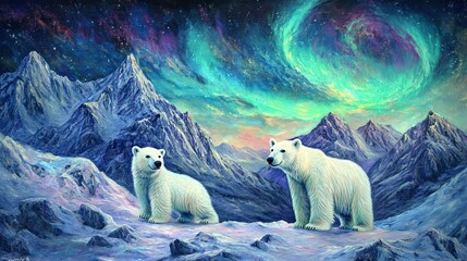 an arctic landscape with icy peaks, a glowing aurora borealis, and playful polar bears.